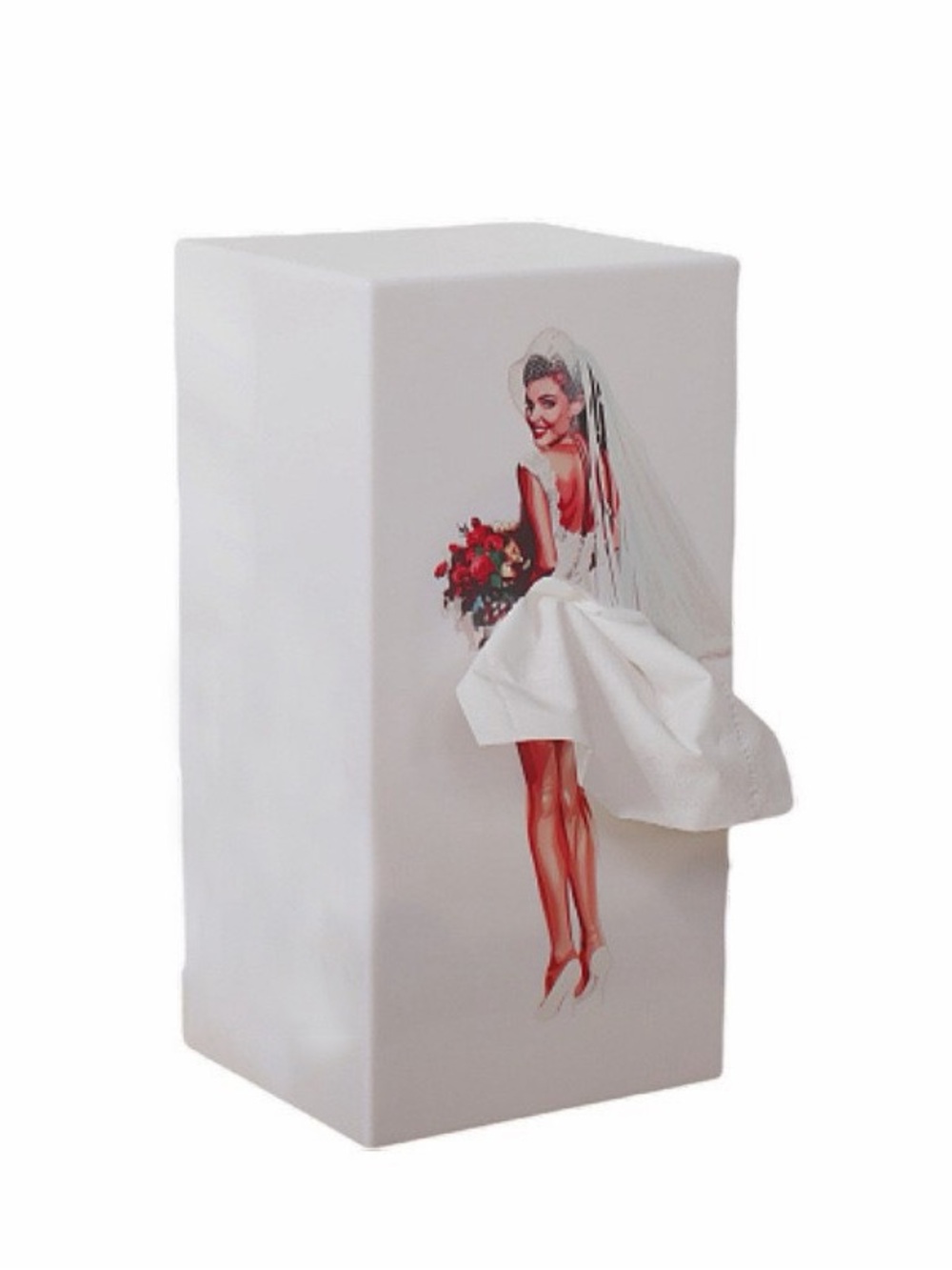 White Bridal Tissue Box Cover with Pin-Up Bride Print